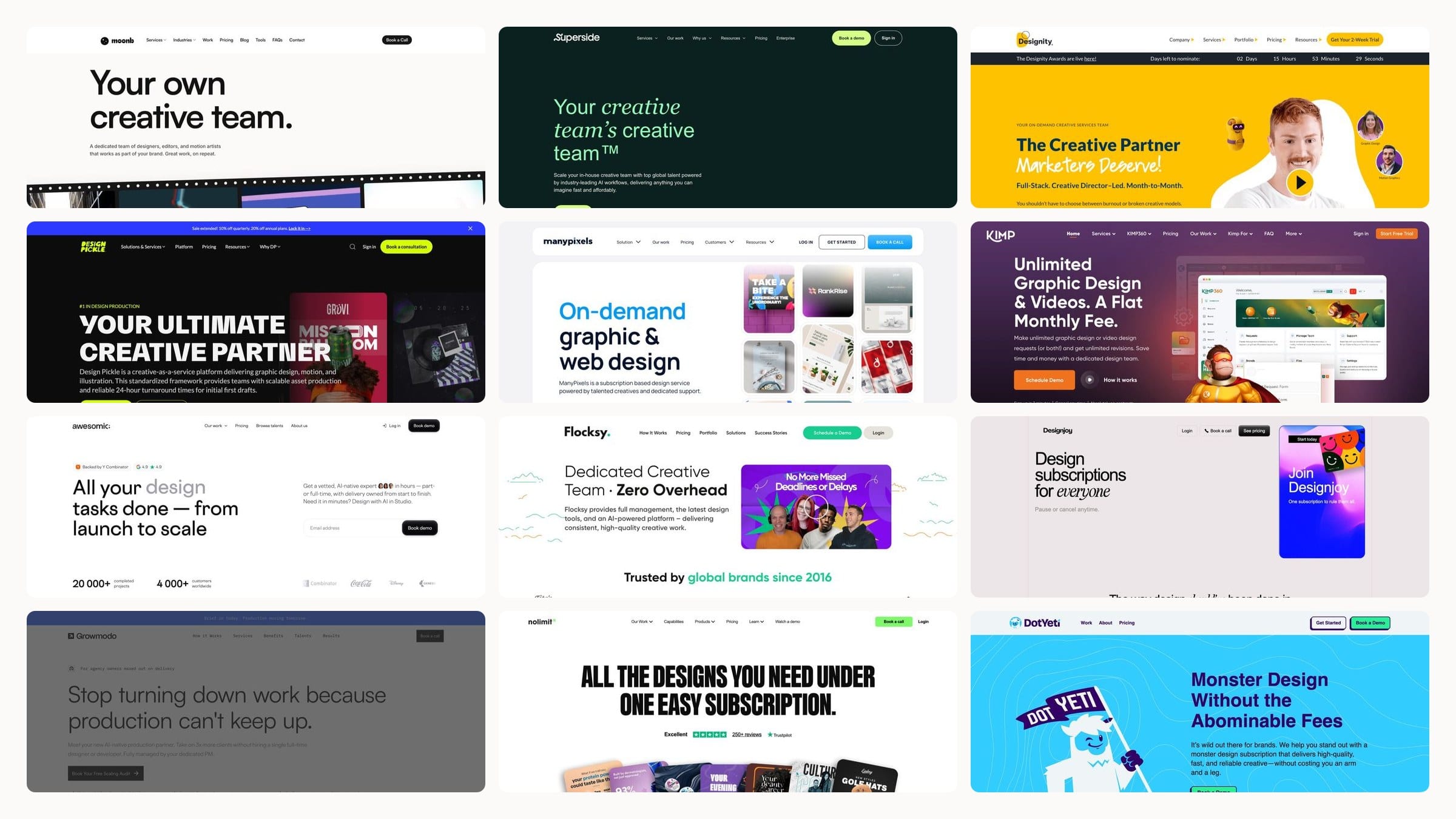Grid of twelve homepage screenshots of Penji alternatives