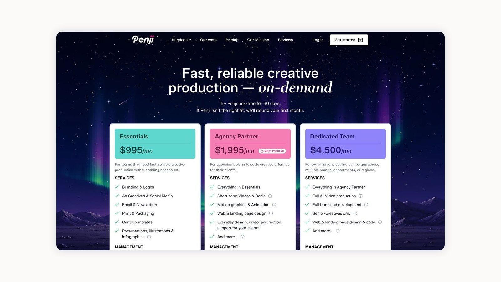 Screenshot of the Penji pricing page showing the Essentials, Agency Partner and Dedicated Team plans