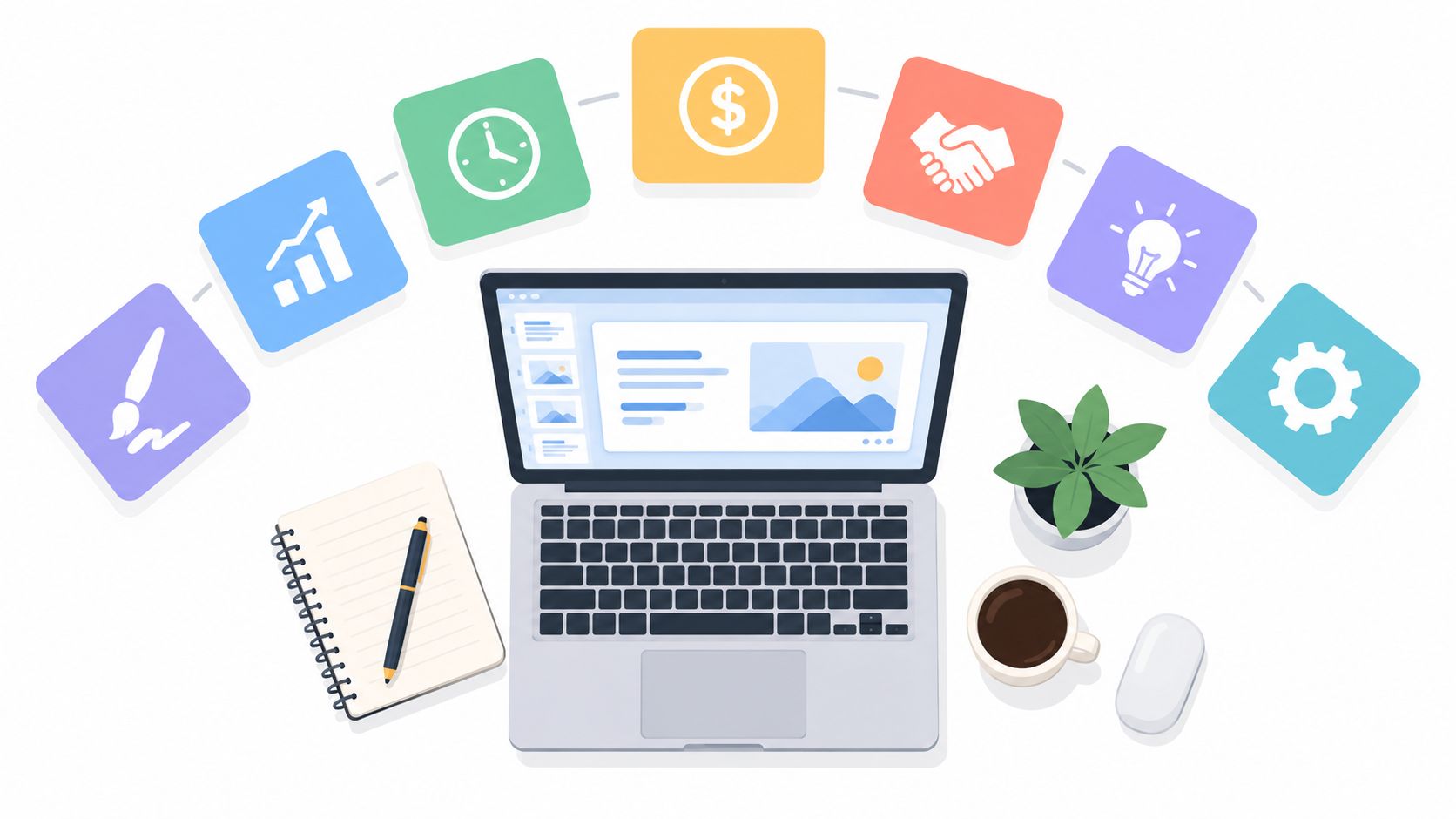 Laptop with presentation software on a desk surrounded by design, finance, and idea icons