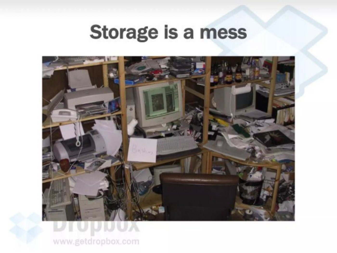 Dropbox's original Sequoia seed deck problem slide, titled Storage is a mess, over a photo of a cluttered desk full of drives, discs, and cables.
