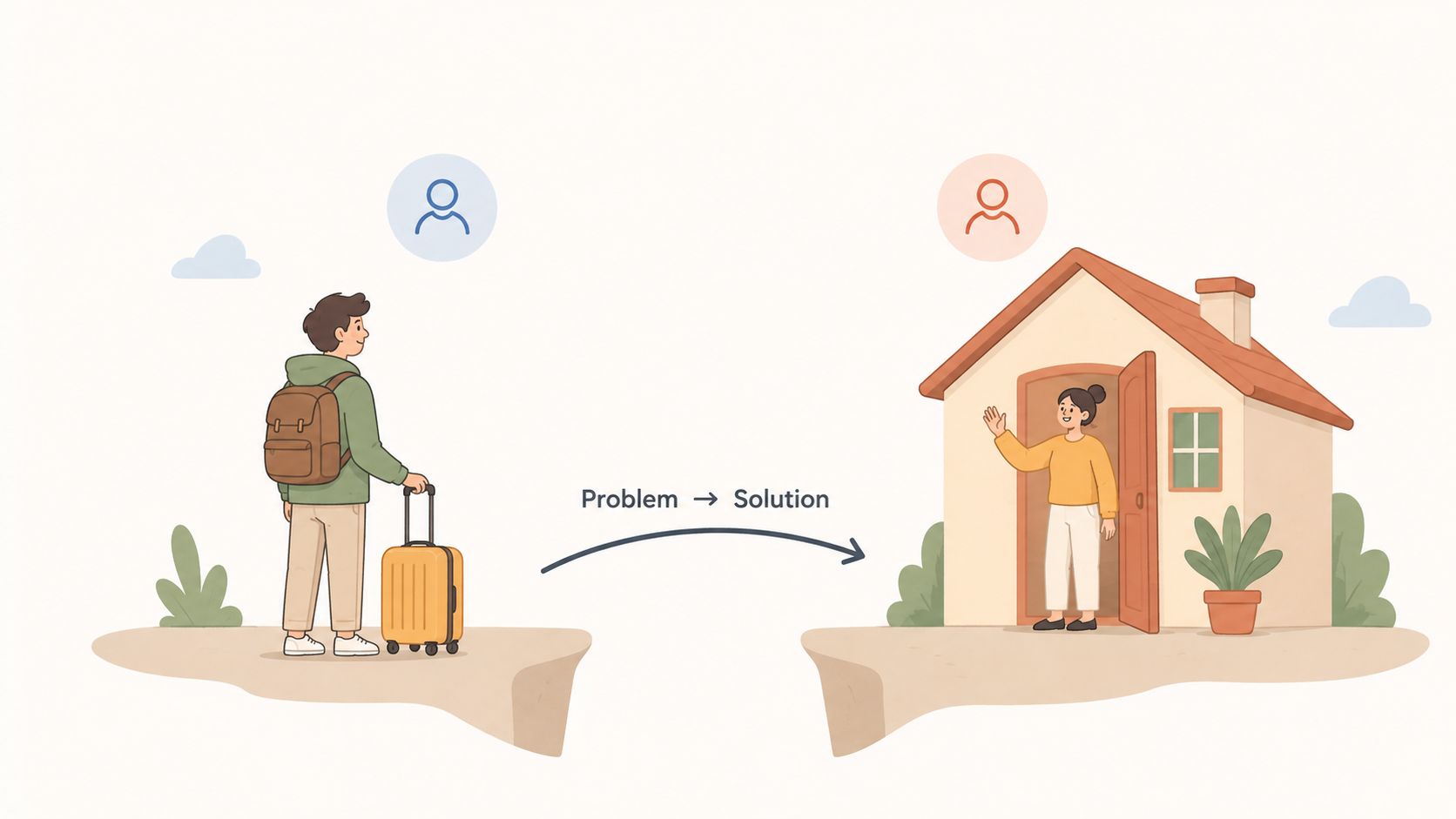 A traveler with a suitcase standing on a cliff edge looking towards a woman welcoming them home.