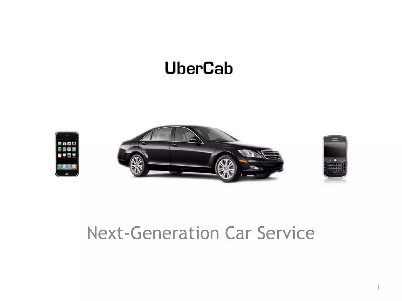 The original 2008 UberCab pitch deck cover slide, a black car flanked by an iPhone and a BlackBerry, with the tagline Next-Generation Car Service.