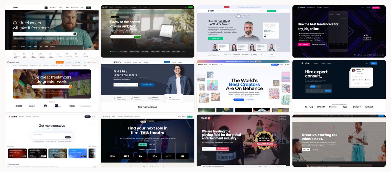 Collage of homepages from platforms where you can hire freelance video editors