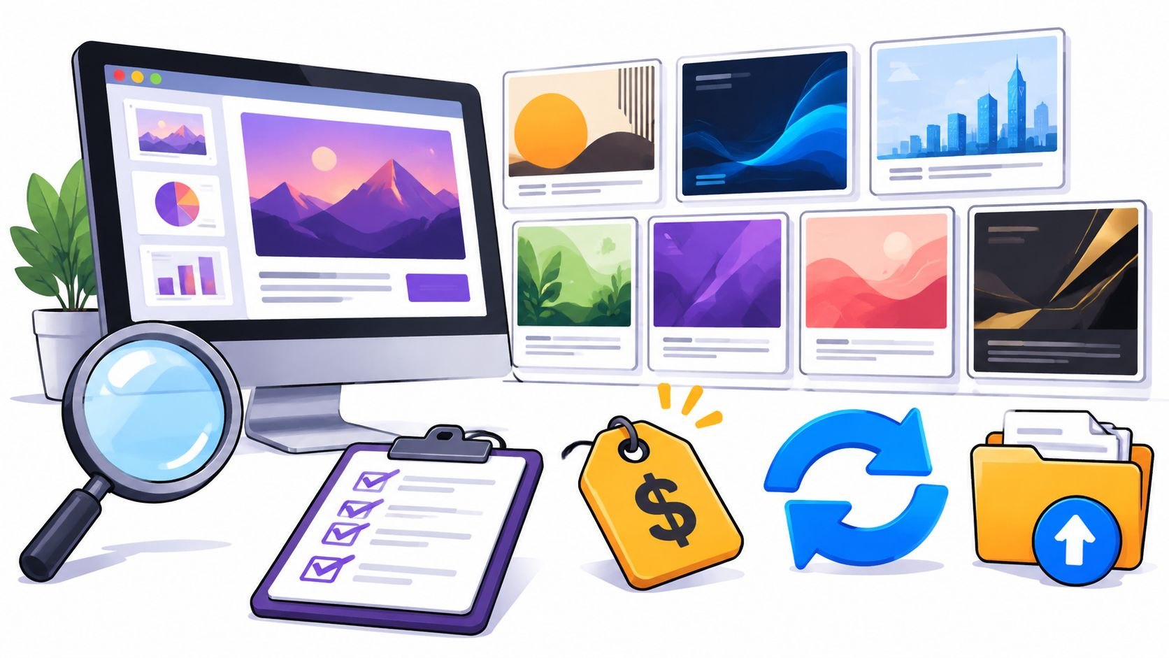 Illustration of a desktop monitor with slide layouts, a gallery of slide designs, a checklist, a price tag, and a file folder