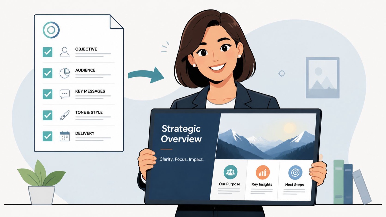A professional woman presenting a strategic overview presentation design to guide business planning and communication.