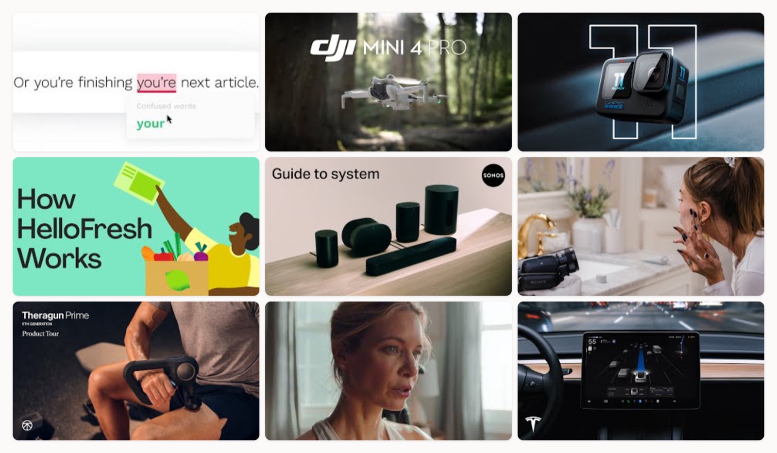 A grid of product demo video thumbnails from brands like DJI, GoPro, Sonos and HelloFresh.