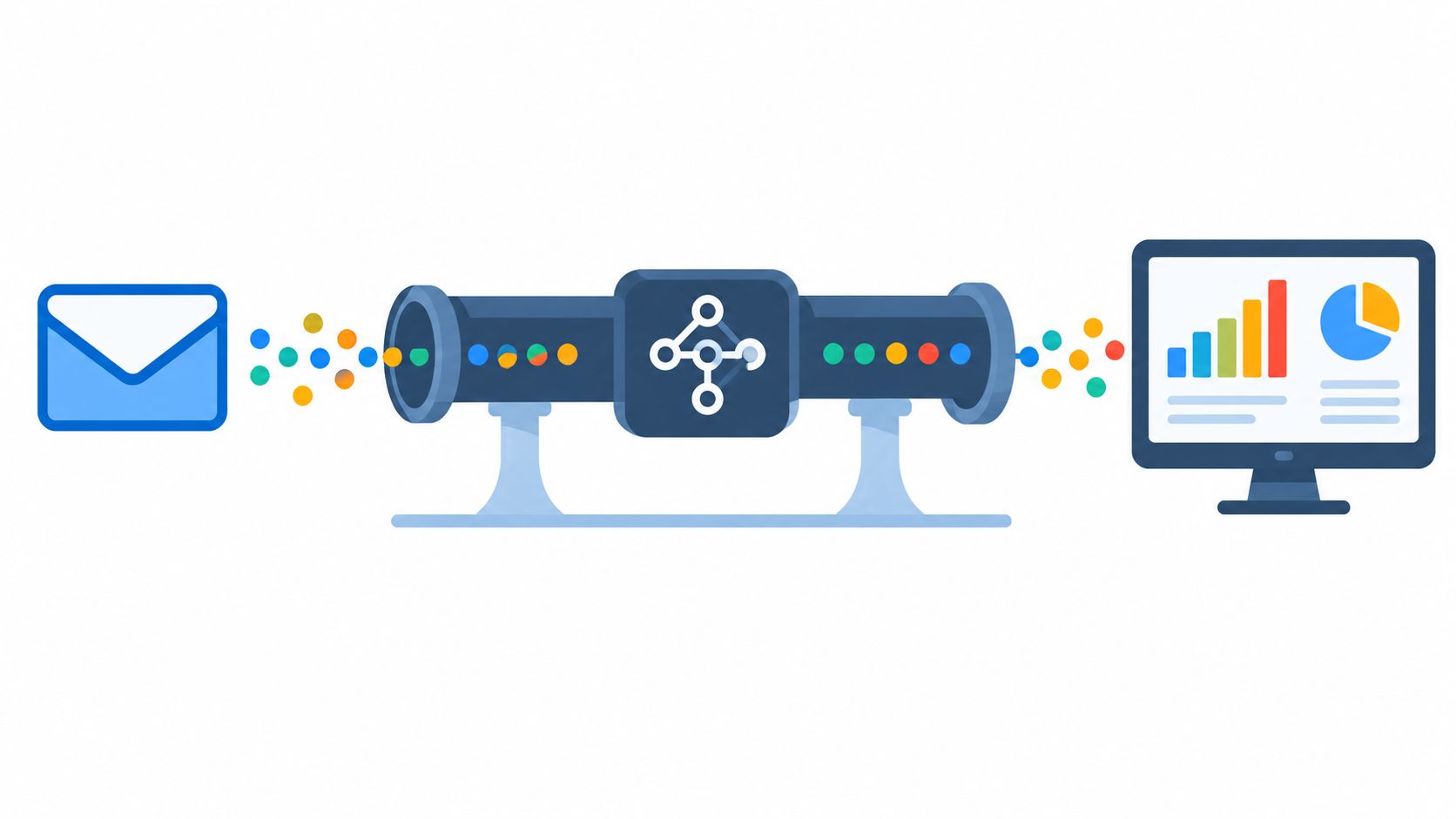 Flat illustration of email data flowing through a pipeline into an analytics dashboard