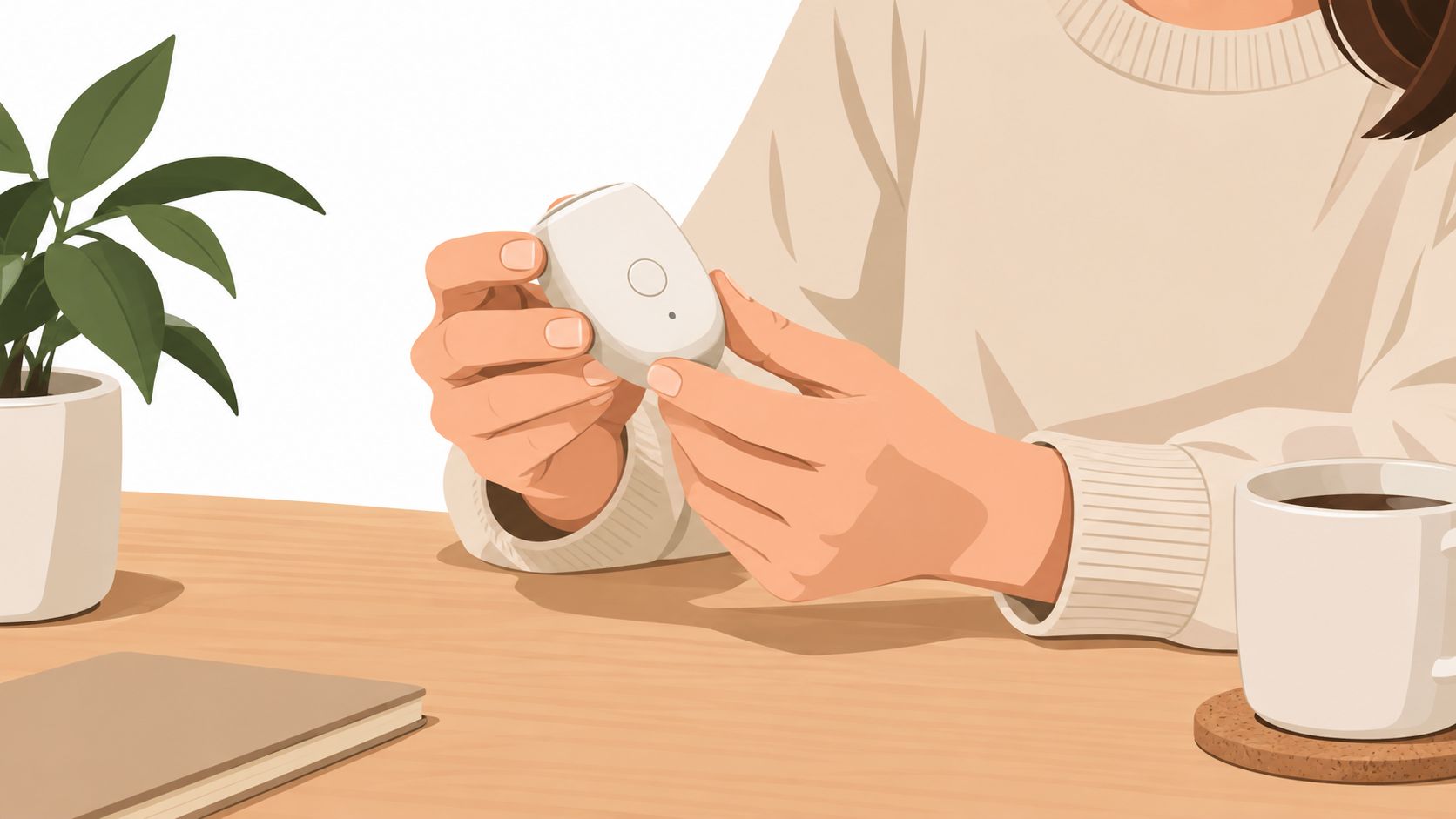 Illustration of hands holding a small white handheld device at a desk, next to a plant and a cup of coffee