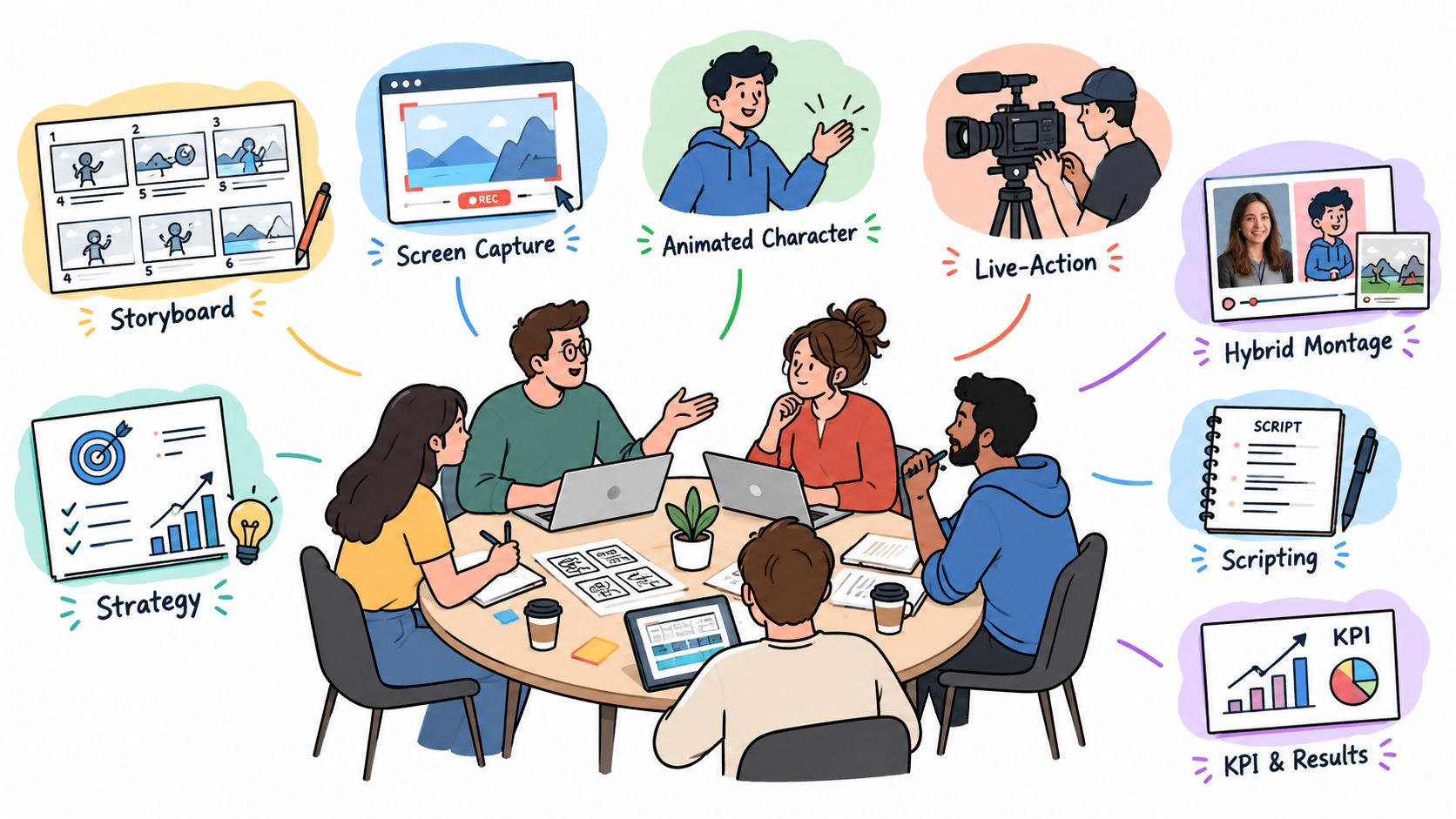 Illustration of a product team planning a video around a table, surrounded by bubbles for storyboard, screen capture, animated character, live action, hybrid montage, strategy, scripting and KPIs