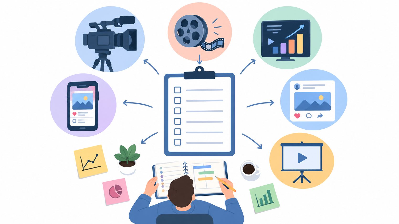Flat illustration of a product launch video plan with a hero film, social cuts and channel icons