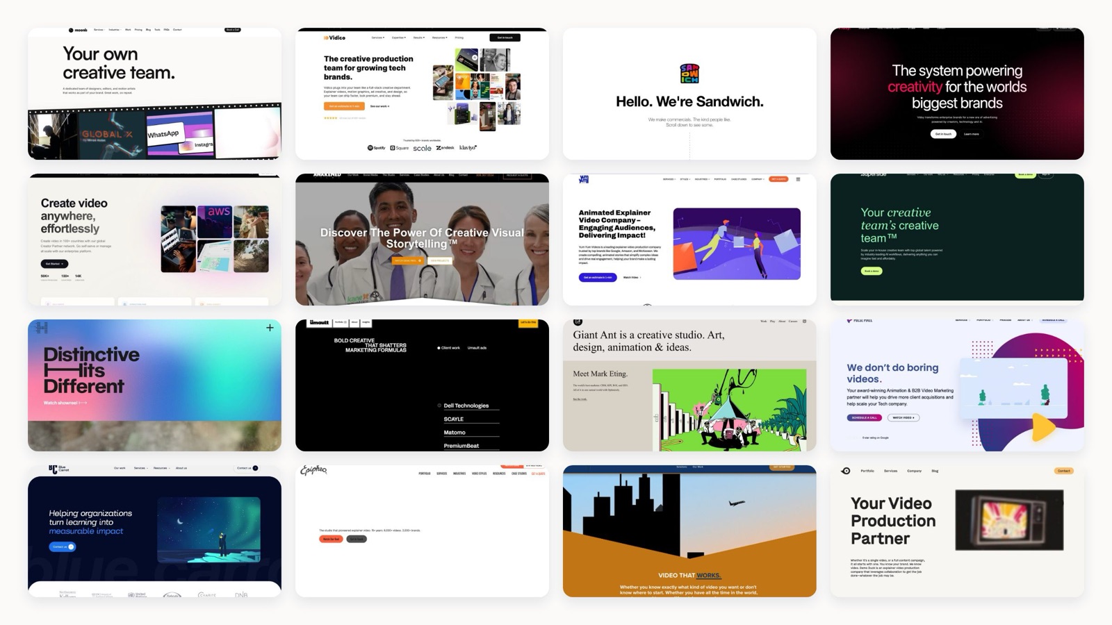 Collage of leading product video production company homepages