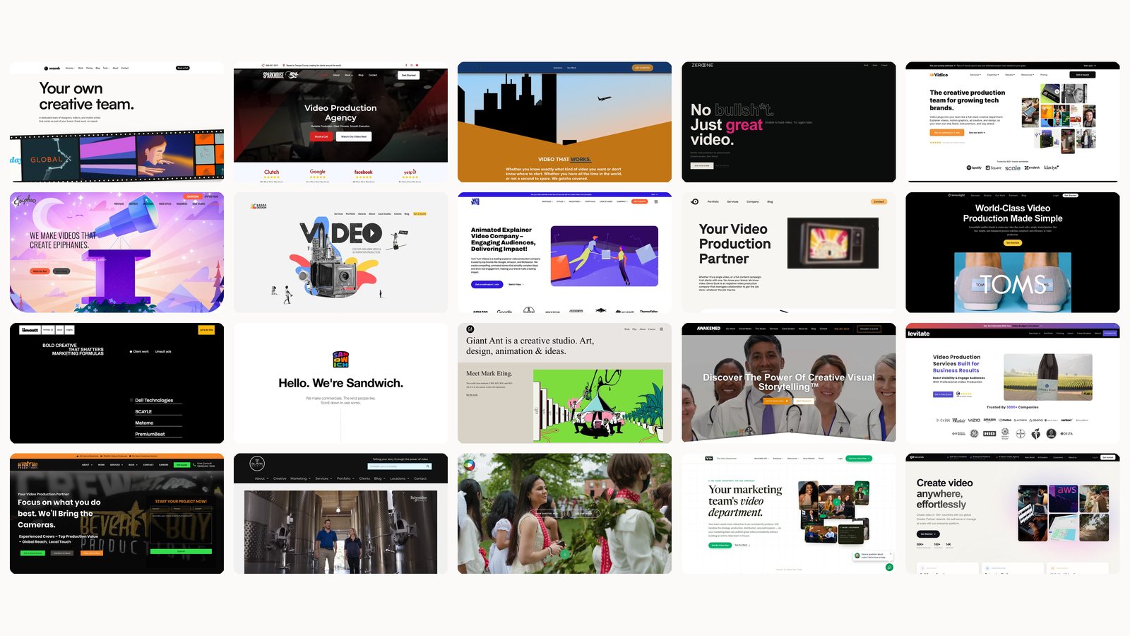 Collage of homepage screenshots from the 20 product video companies compared in this guide