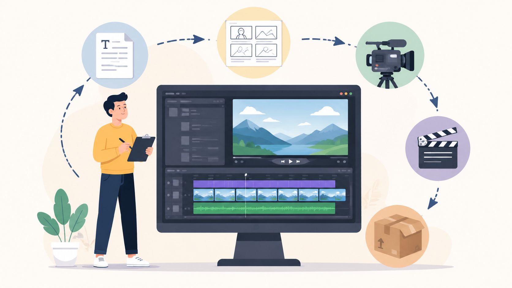 Flat illustration of the promotional video production process, from brief and storyboard to finished video cutdowns