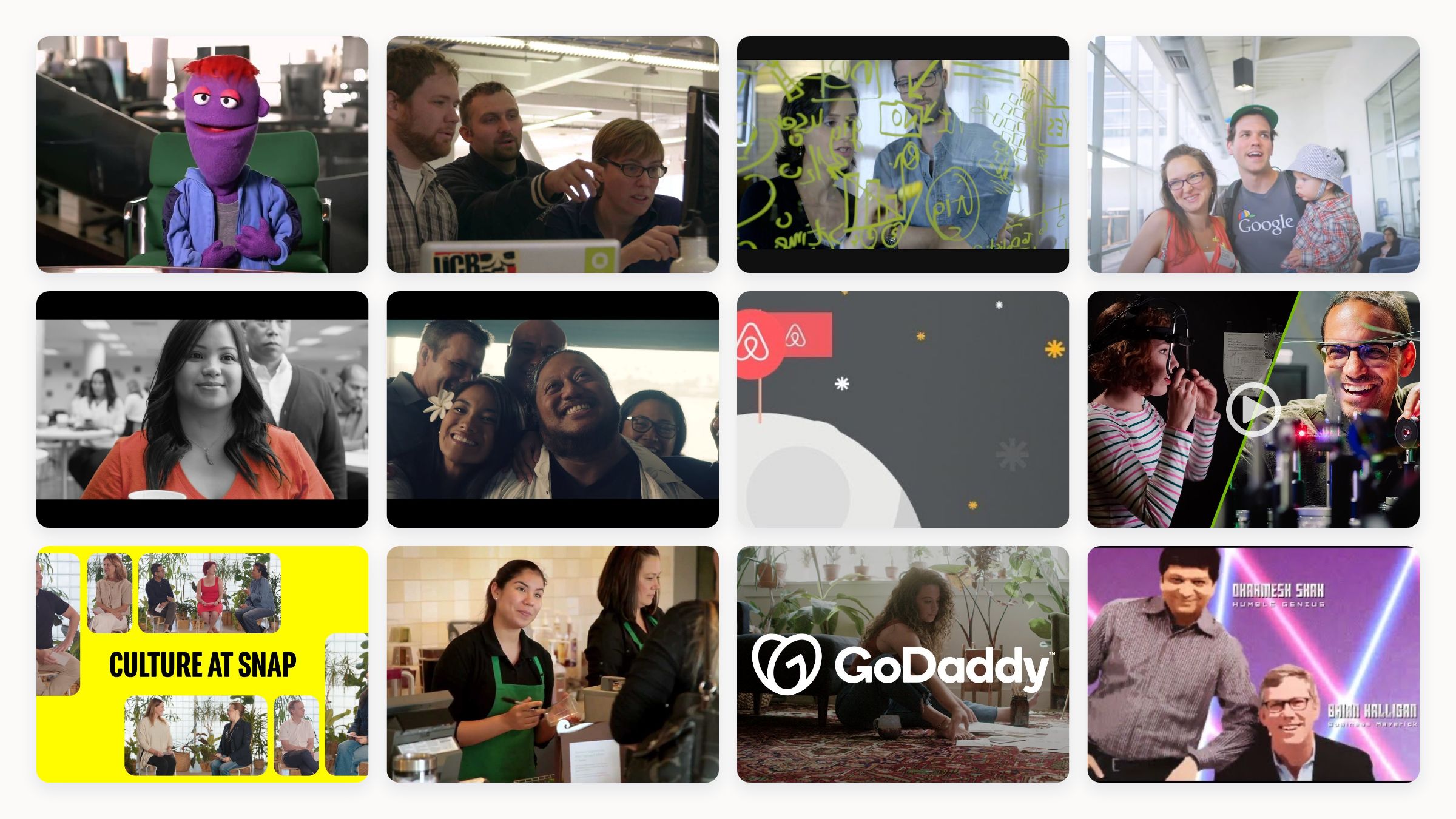Collage of twelve of the best brand recruitment video thumbnails