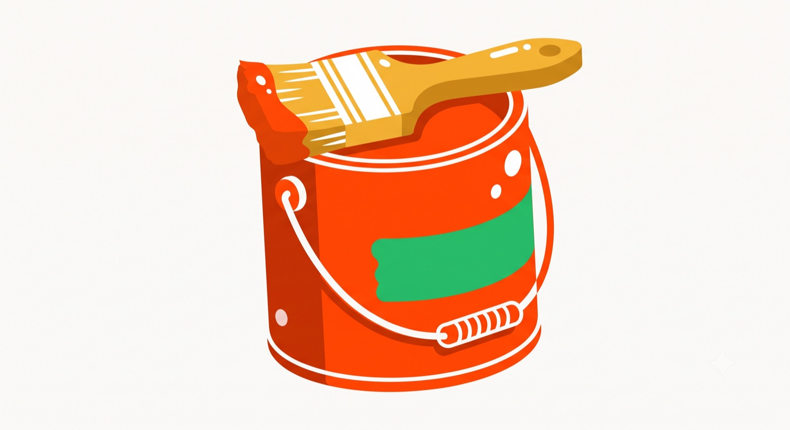 Flat illustration of a paint can with a brush resting across the rim on a cream background
