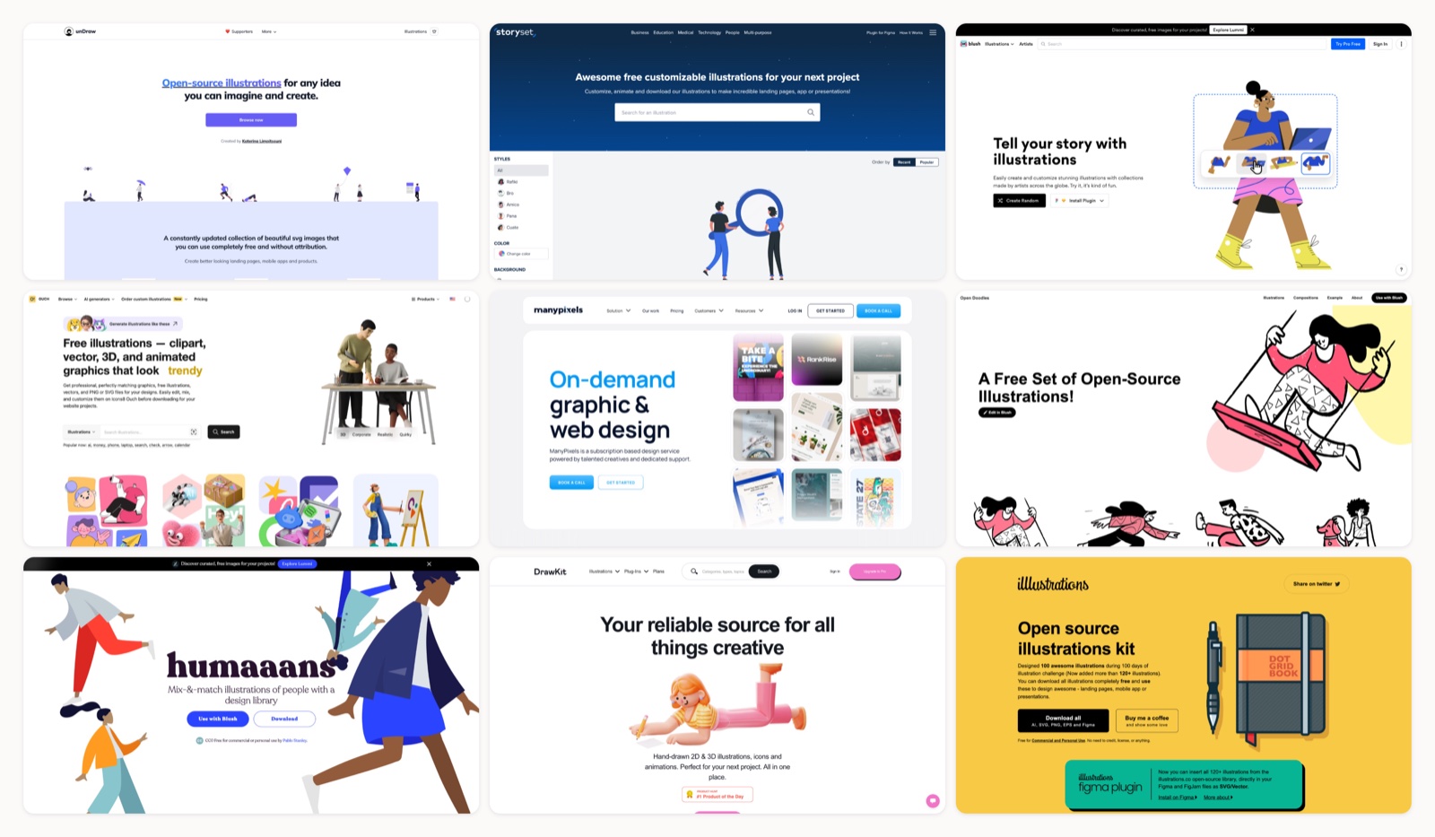 A grid of royalty free illustrations homepages