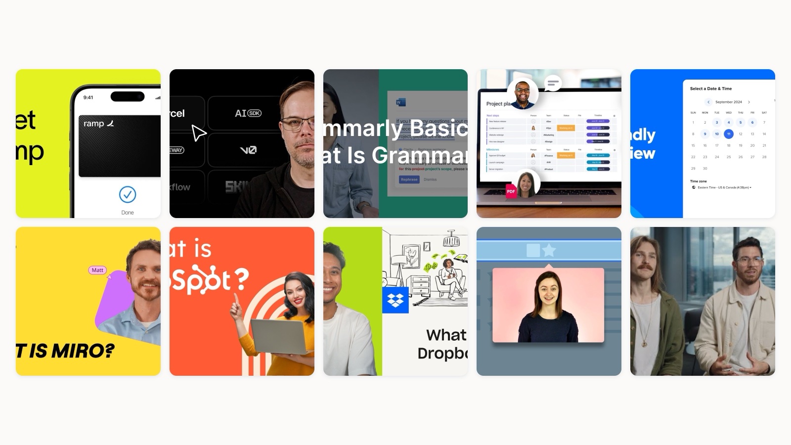 Collage of ten SaaS explainer video stills from Ramp, Vercel, Grammarly, monday.com, Calendly, Miro, HubSpot, Dropbox, Intercom and Figma