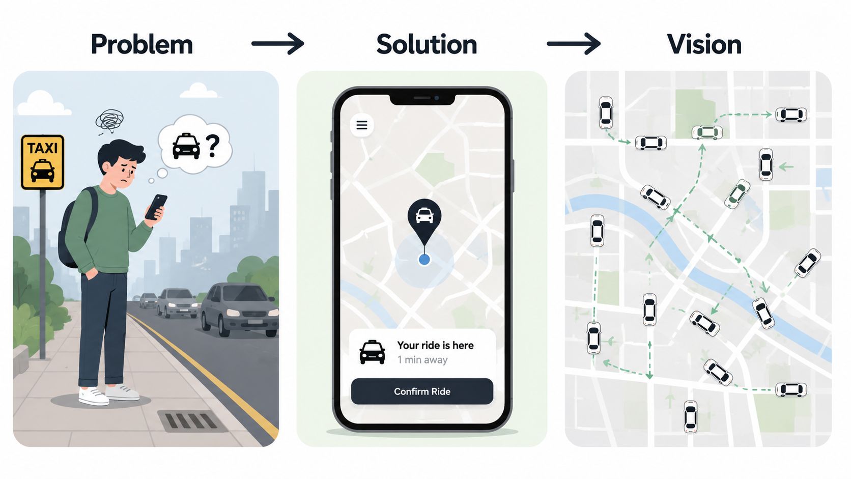 A graphic illustration showing a problem, a ride-sharing app solution, and a vision of optimized traffic flow.