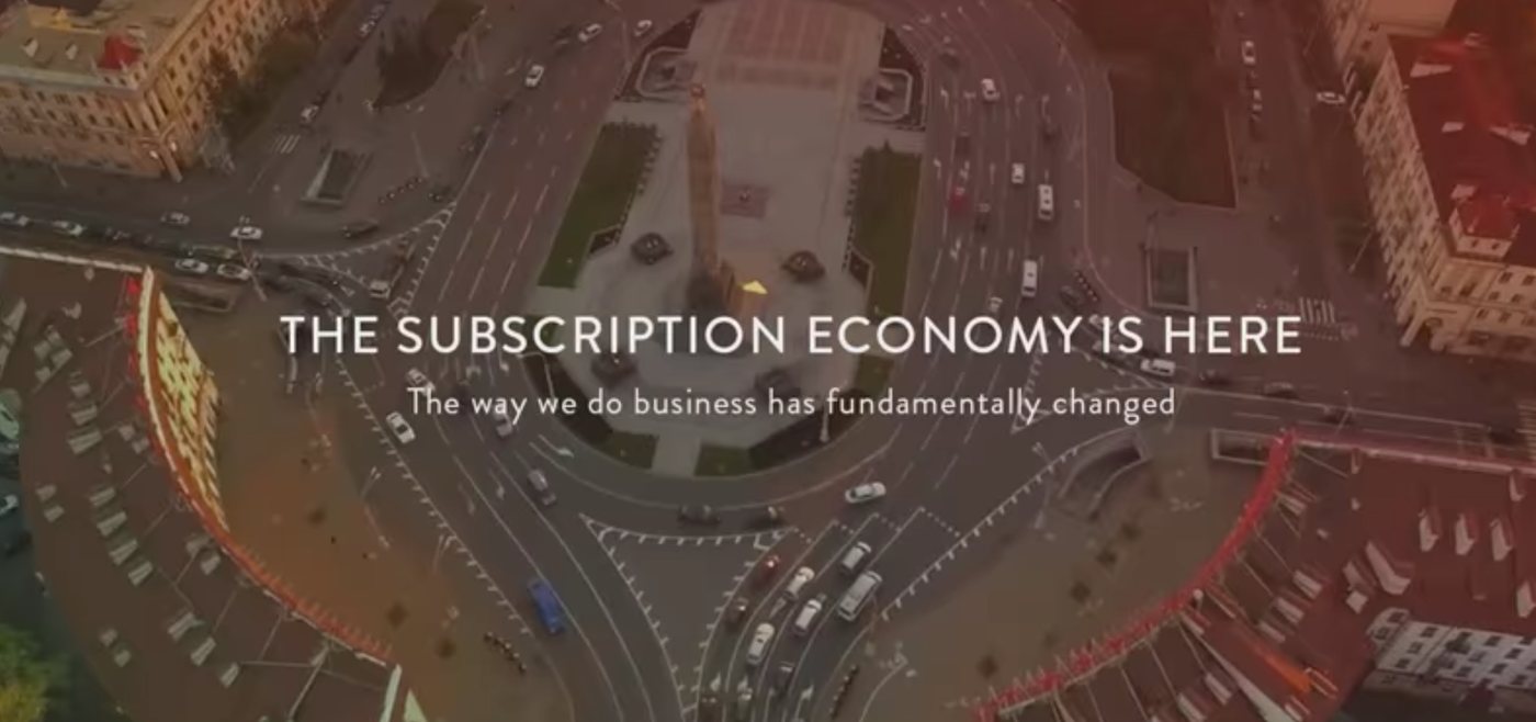 Zuora's opening sales slide announcing a fundamental shift in how business is done, set over an aerial photo of a busy roundabout.