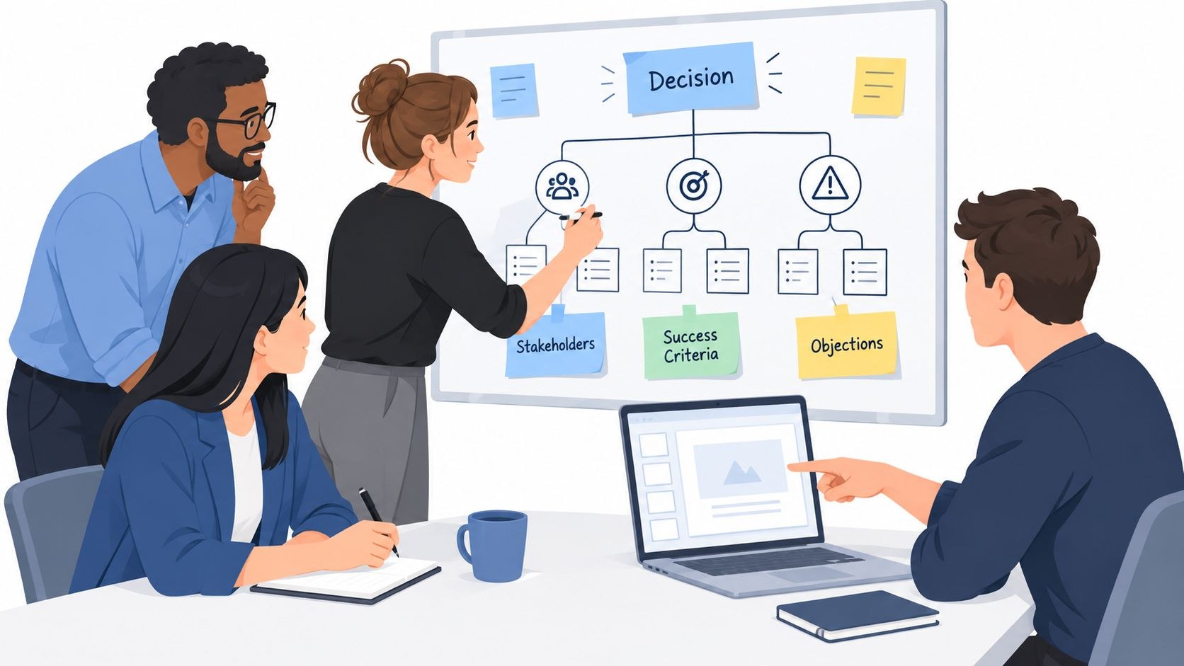 Illustration of a team mapping a decision on a whiteboard, with branches for stakeholders, success criteria and objections