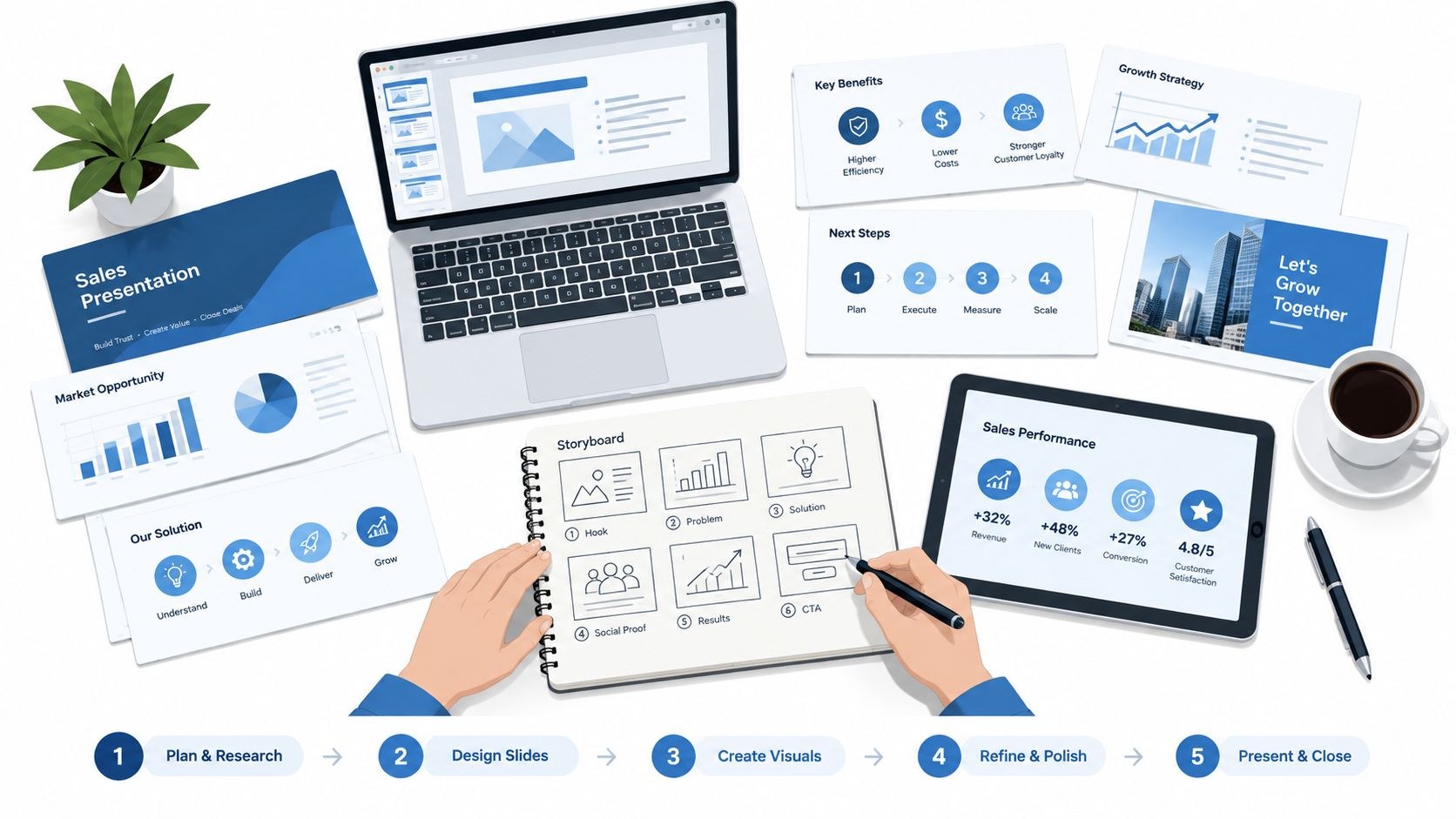 Illustration of sales slides, a laptop and a storyboard notebook laid out on a desk, with a five-step process from plan and research to present and close