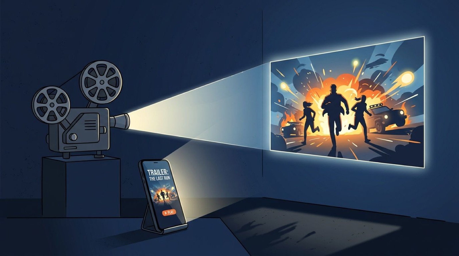 A vintage film projector casts a cinematic action movie scene from a smartphone onto a wall.
