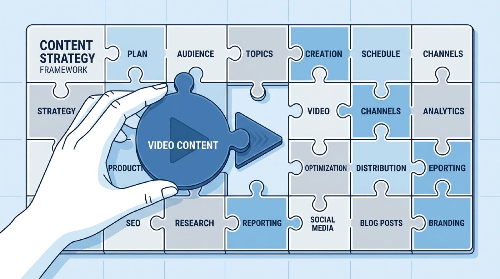 A hand placing a video content puzzle piece into a strategic content marketing framework grid layout.