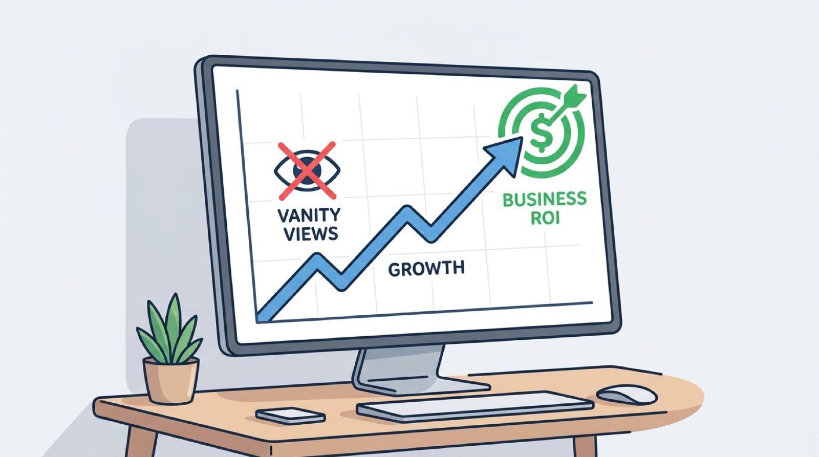 A computer screen displaying a growth chart showing the progression from vanity views to business ROI.