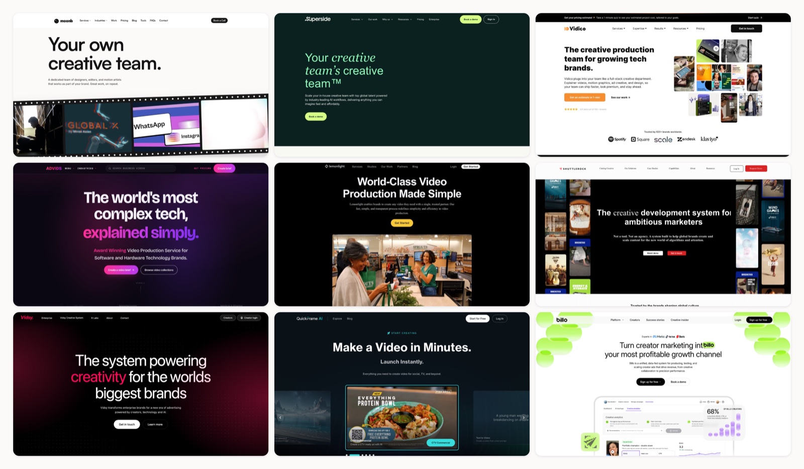 A grid of short form video agency homepages