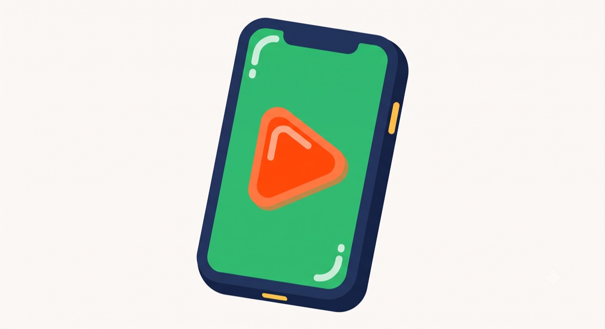 Flat-icon illustration of a vertical phone playing a short video ad with a bold play button and a rising engagement line