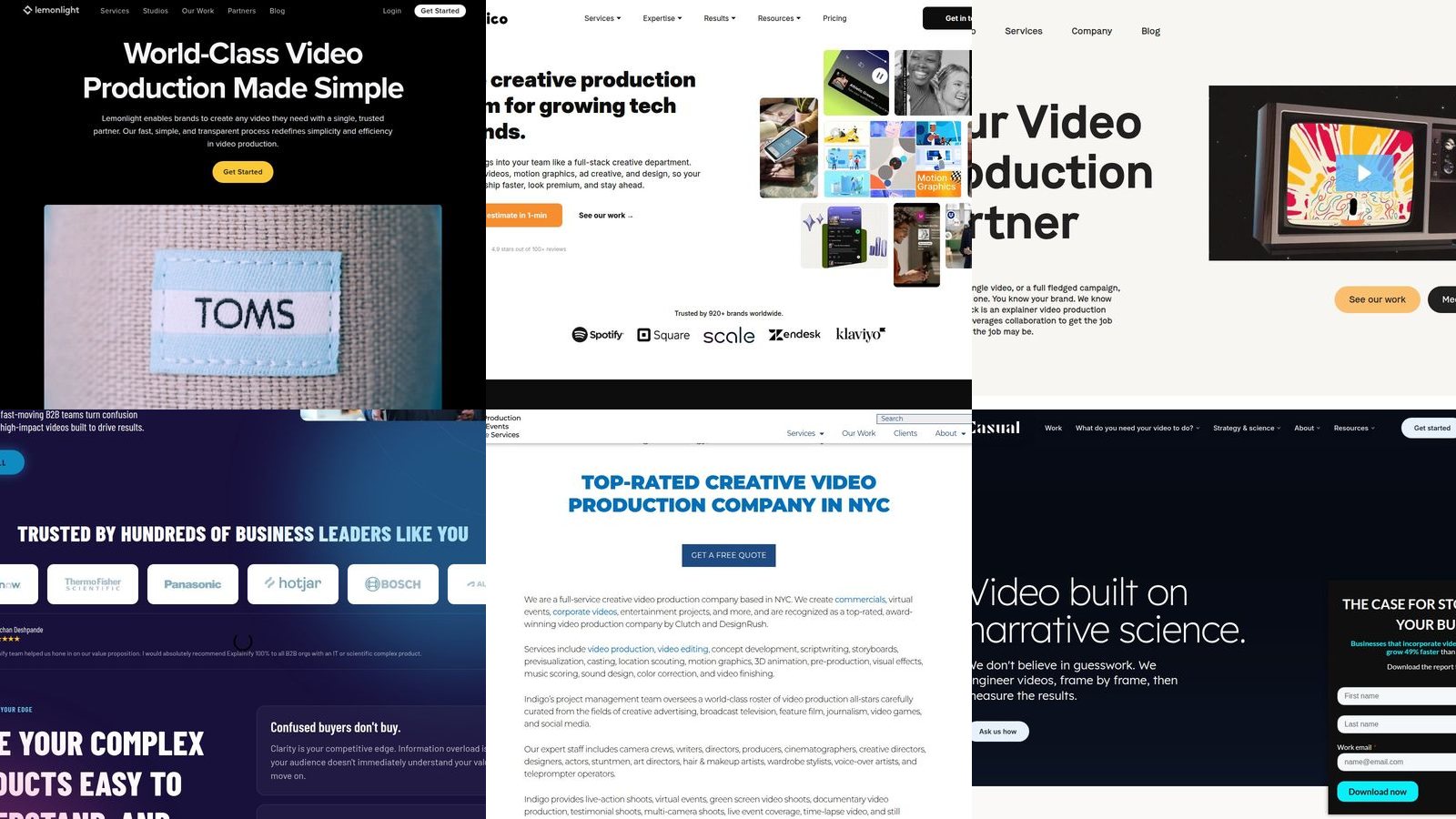 Grid of small business video production company homepages