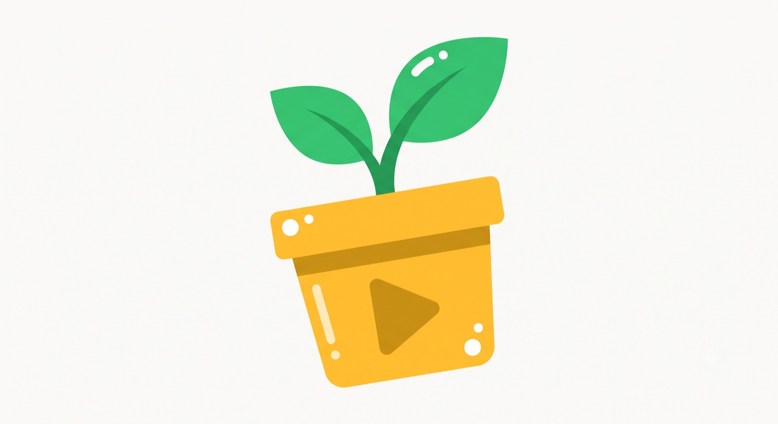 Flat illustration of a green sprout growing from a play button, a small weekly video habit compounding into growth