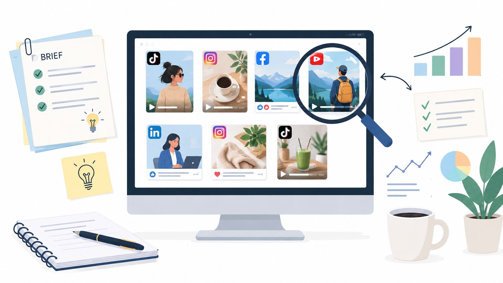 Flat illustration of social media ad formats displayed on a phone screen