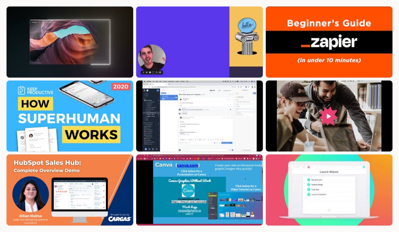A grid of software demo video thumbnails from brands like Zapier, Superhuman, HubSpot and Descript.