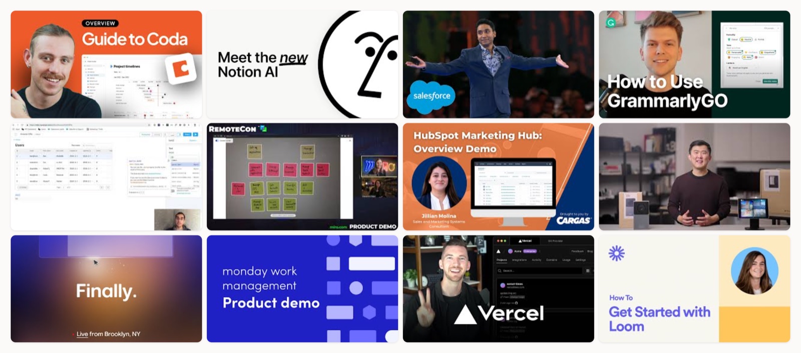 A grid of software demo video thumbnails from brands like Notion, Coda, Vercel and HubSpot.