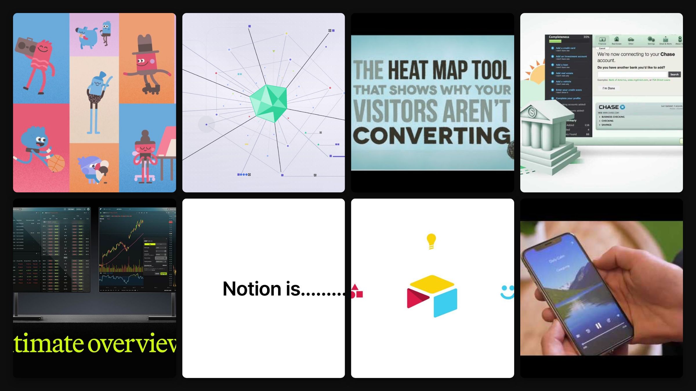 Grid of startup explainer video stills