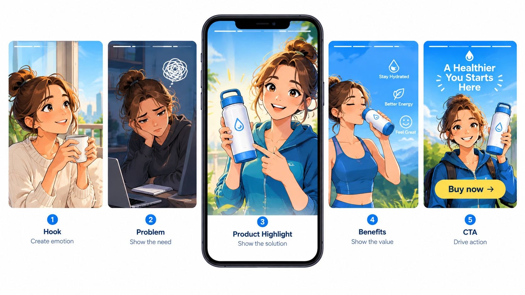 A five-panel vertical storyboard for a water bottle ad, hook, problem, product highlight, benefits and a buy now call to action, shown on phone-shaped frames