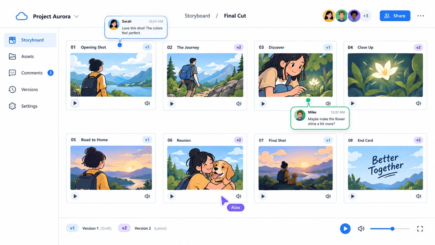 A digital storyboard review screen with eight numbered frames, version tags and reviewer comments pinned to individual panels