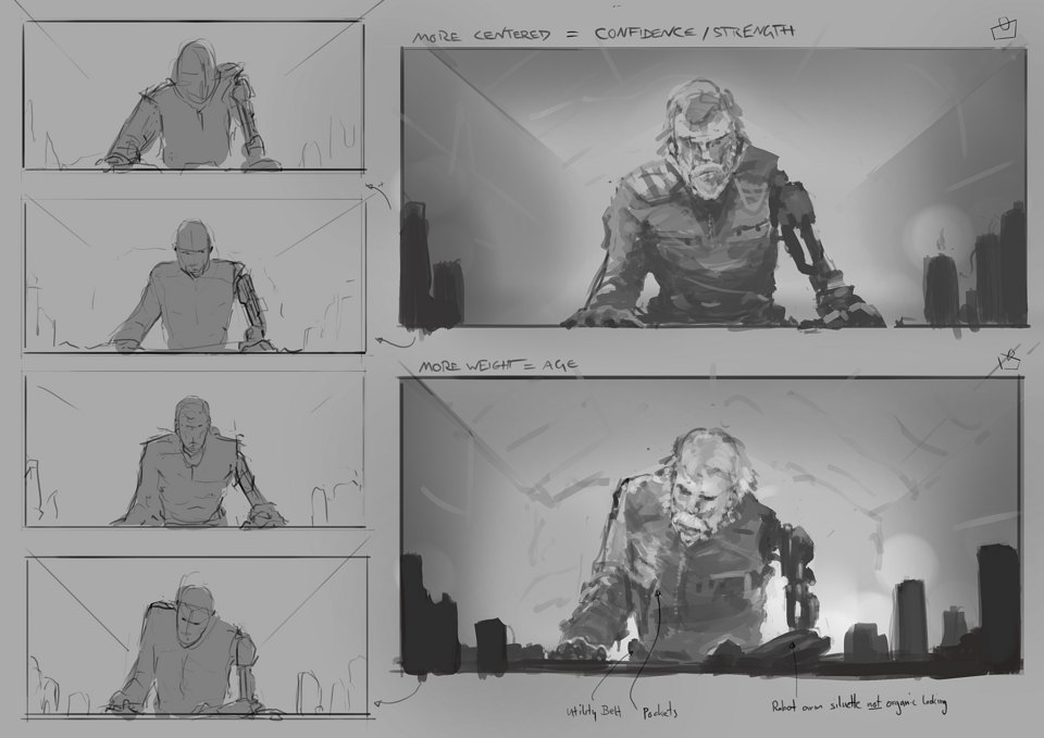 A gray storyboard sheet with four small thumbnails of an old man with a robotic arm leaning over a table, and two larger rough cleanups annotated more centered equals confidence and more weight equals age