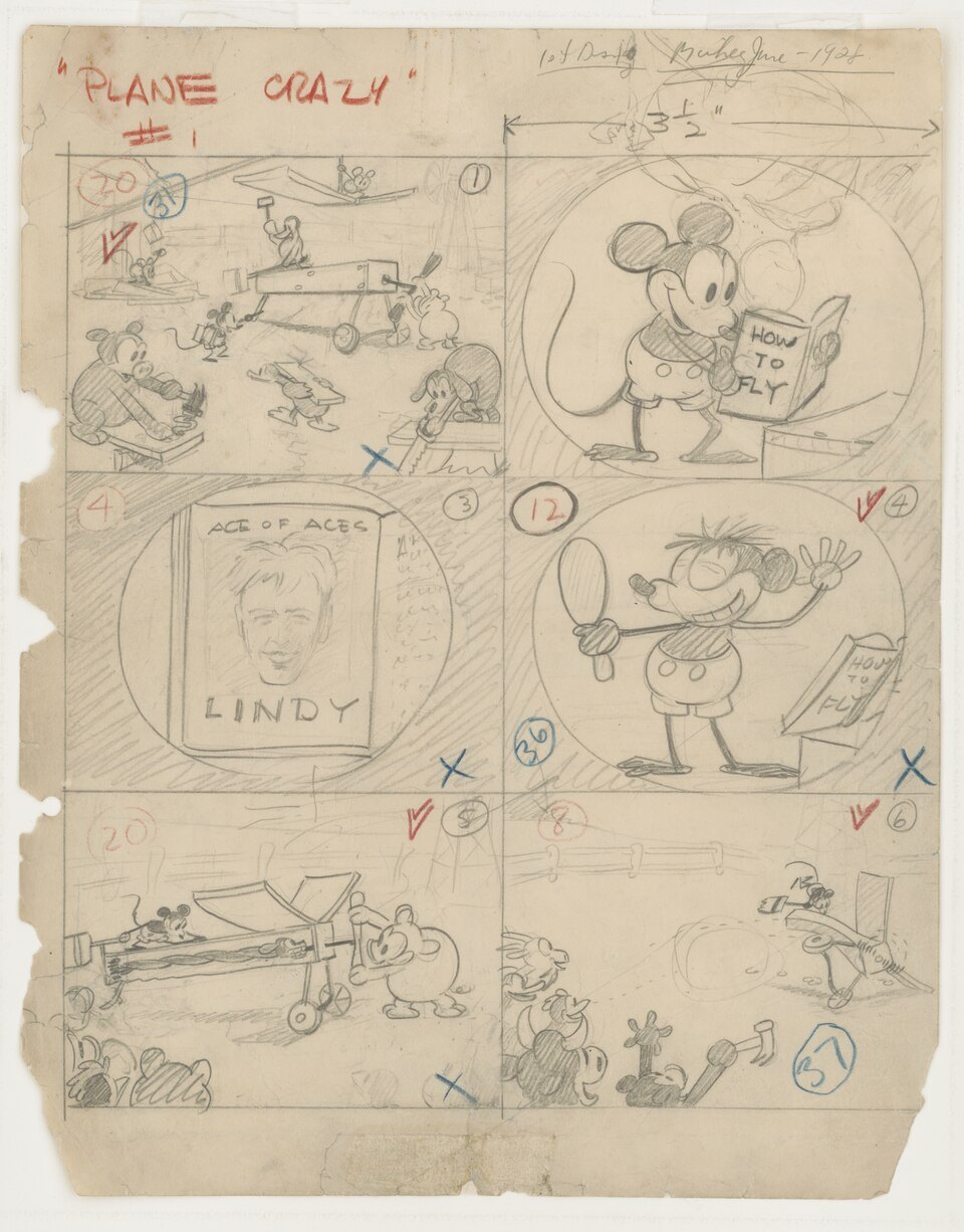A yellowed 1928 pencil storyboard page titled Plane Crazy with six panels of Mickey Mouse building a plane and reading How to Fly, marked with red checks, blue crosses and circled numbers