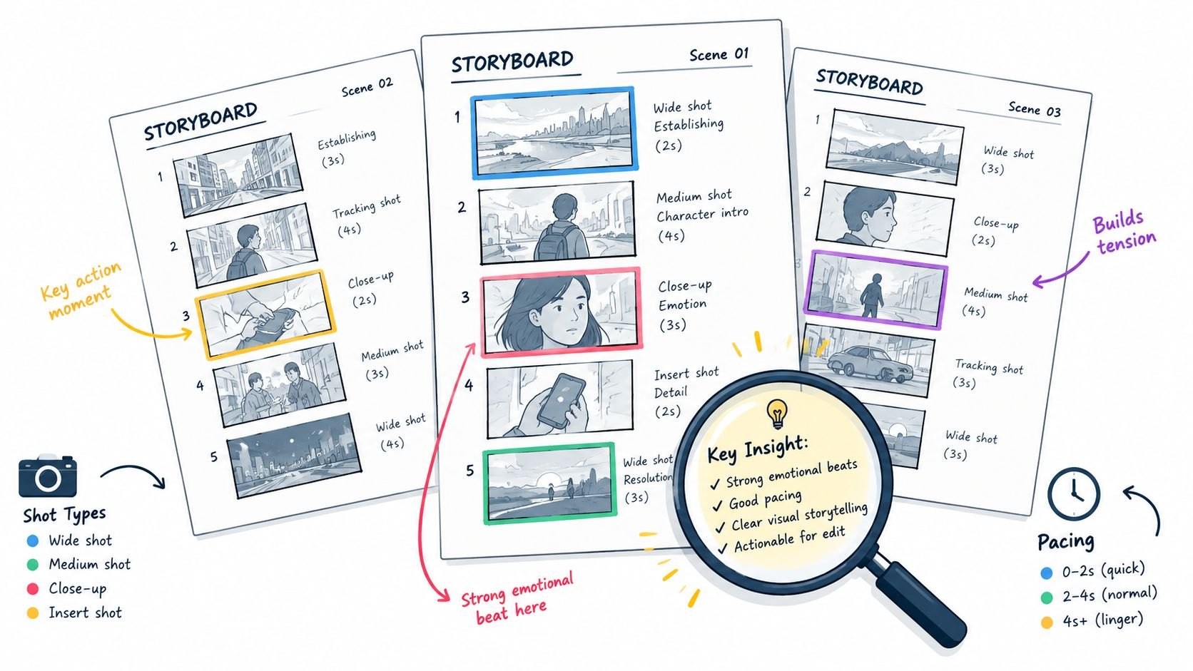 Flat illustration of three storyboard sheets with numbered panels, shot notes and a magnifying glass over the key frames