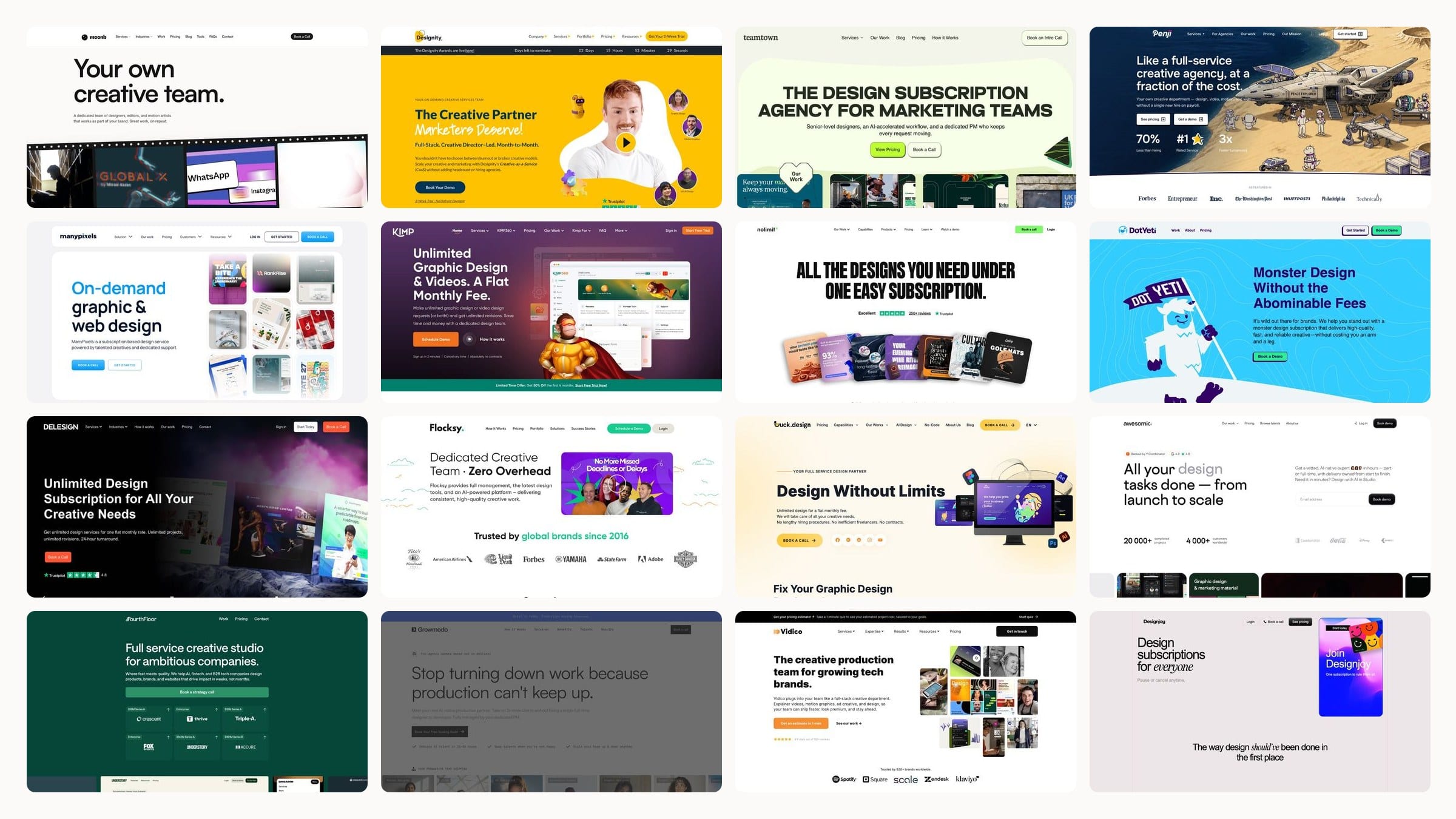 Grid of sixteen homepage screenshots of Superside alternatives