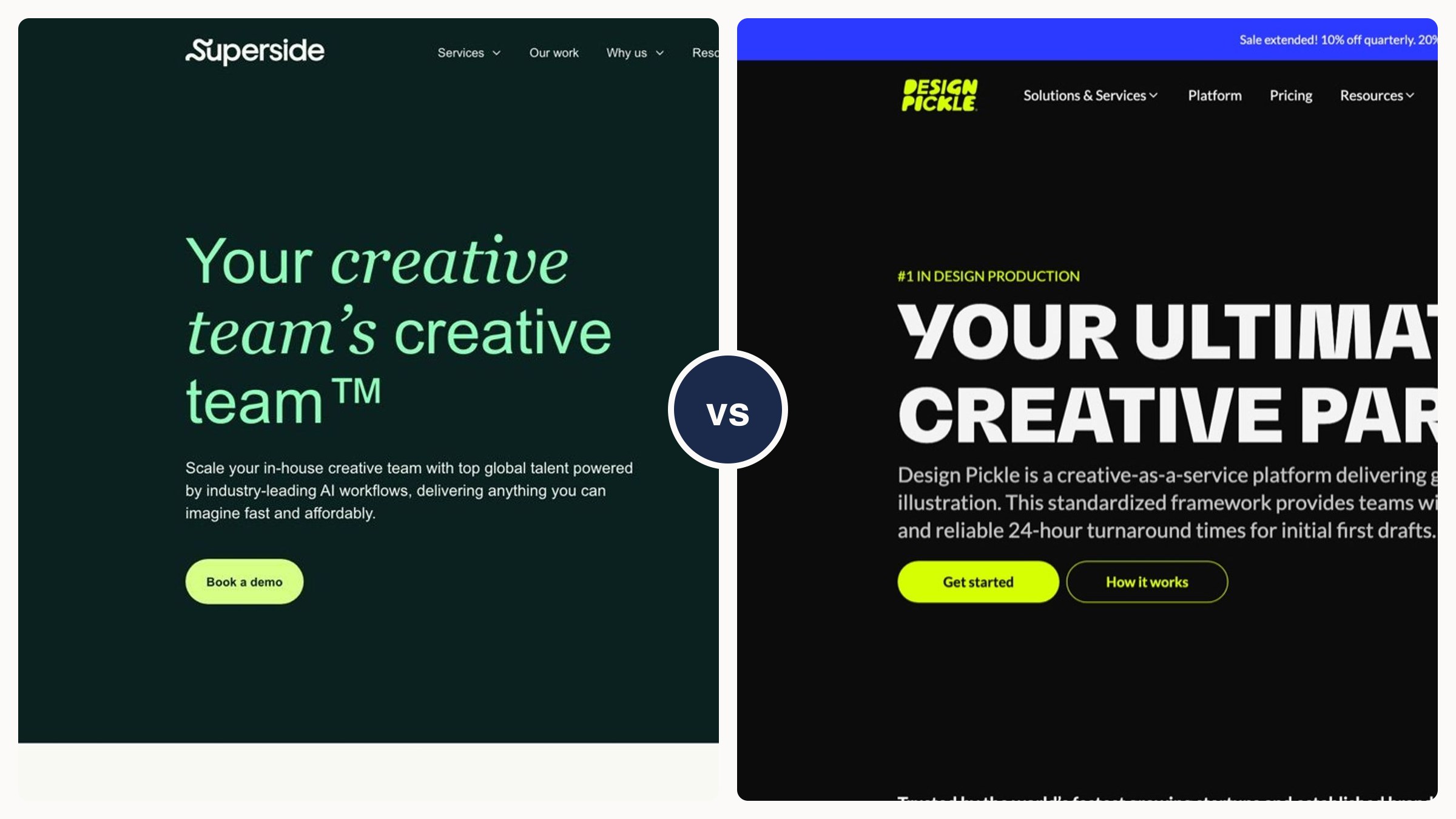 Split screenshot with the Superside homepage on the left and the Design Pickle homepage on the right