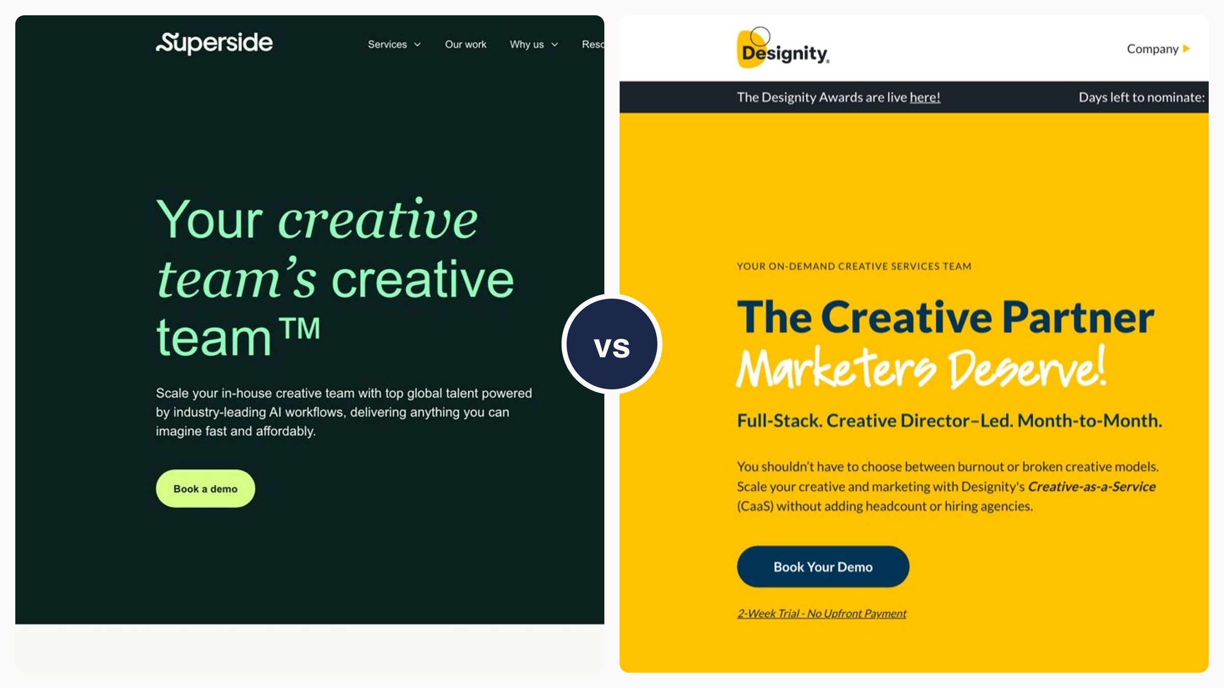 Split screenshot with the Superside homepage on the left and the Designity homepage on the right