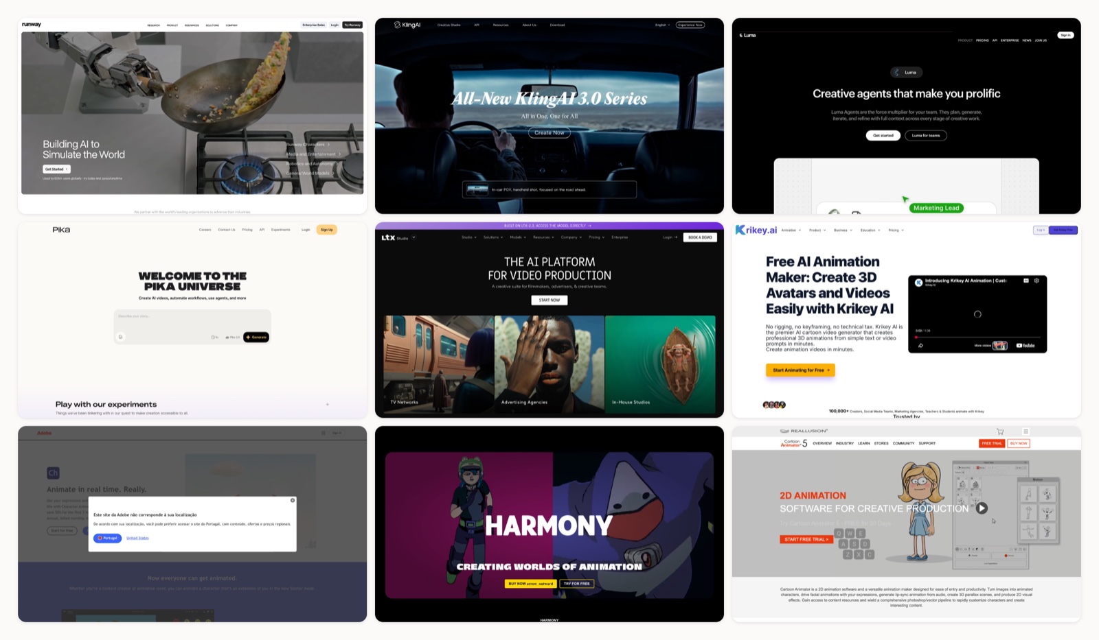 A grid of the best ai animation software homepages