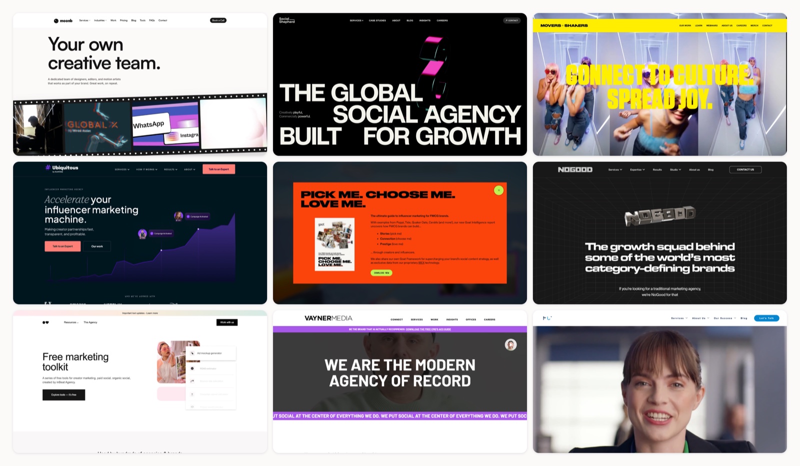 A grid of tiktok marketing agencies homepages