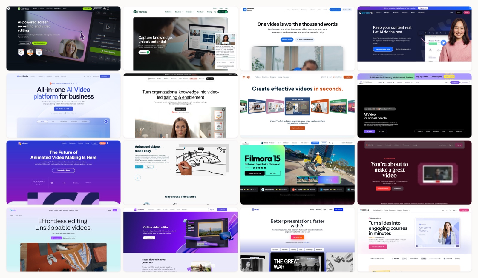 Collage of homepage screenshots from 17 tools for making educational videos