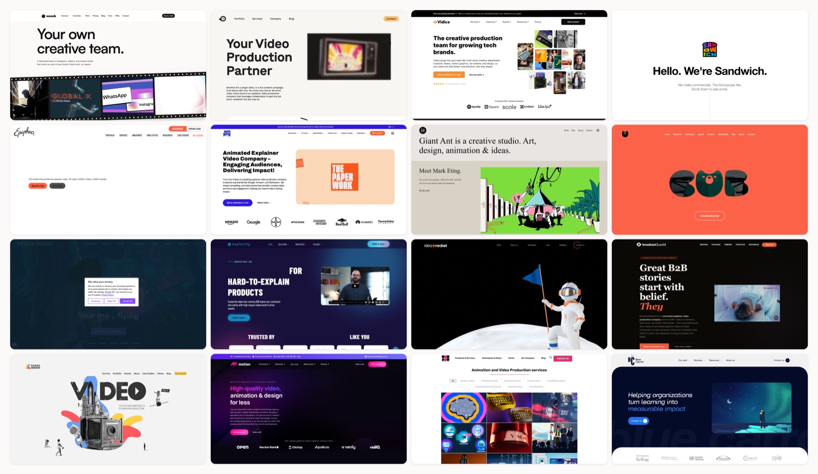 A grid of top explainer video companies homepages
