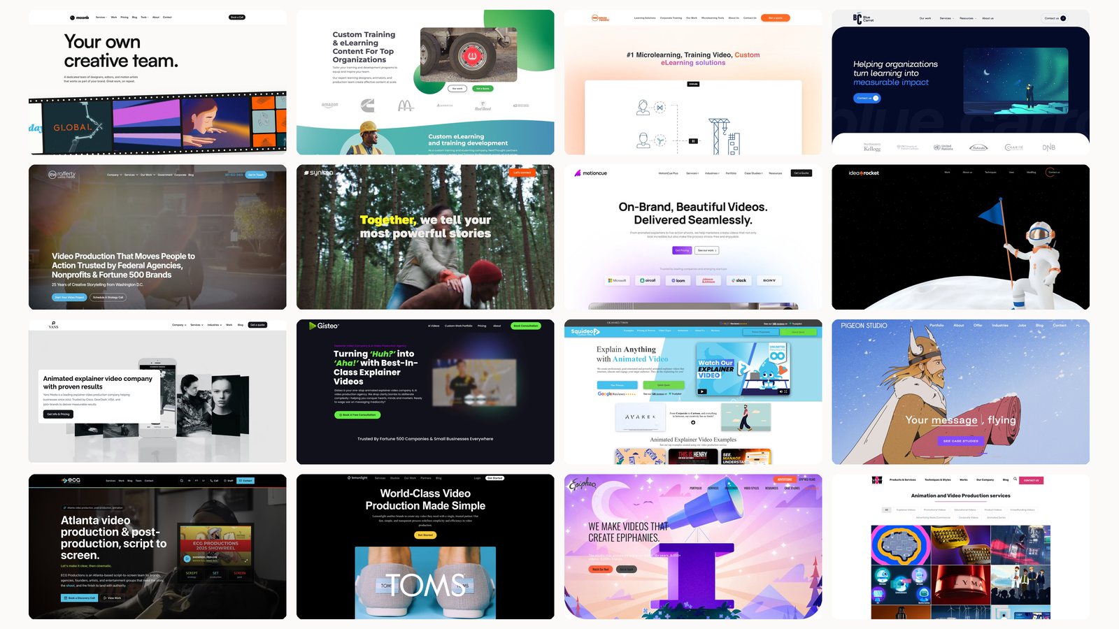 Collage of homepage screenshots from the 16 training video production companies compared in this guide