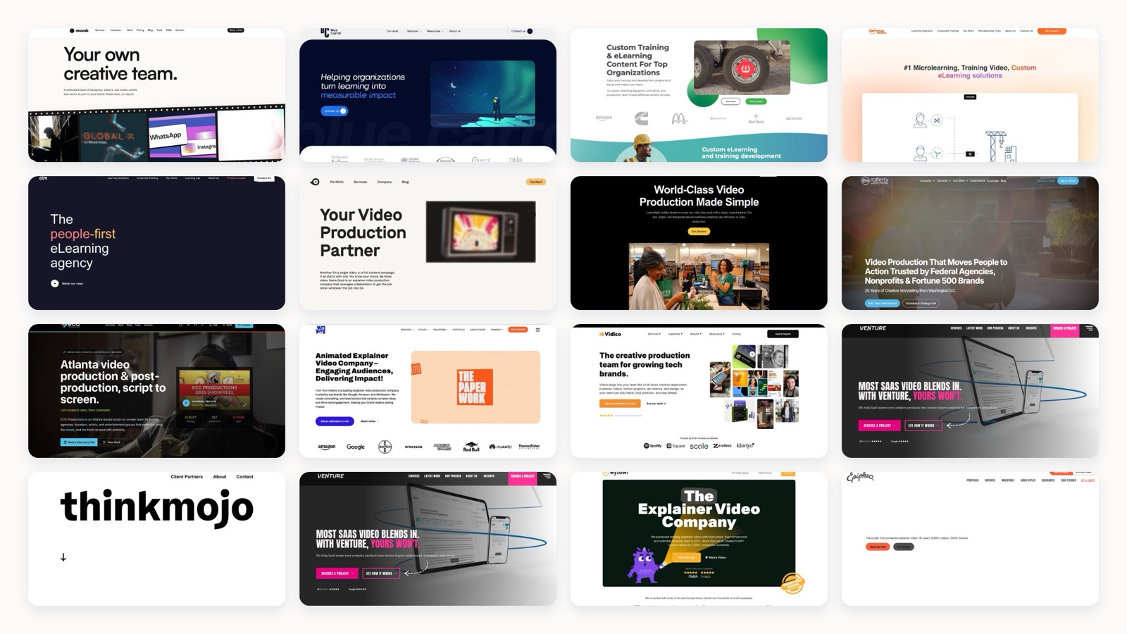 Collage of homepage screenshots from 22 training video production companies